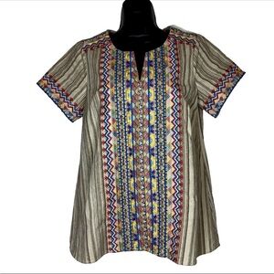 Savanna Jane embroidered top S Cream stripe 
aztec colorful tunic